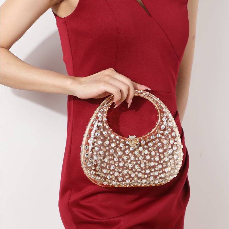 Women'S Ins Shiny Bling Diamond Evening Bag Transparent Acrylic Evening Bag Crescent Bag Clutch Bag - Image 4